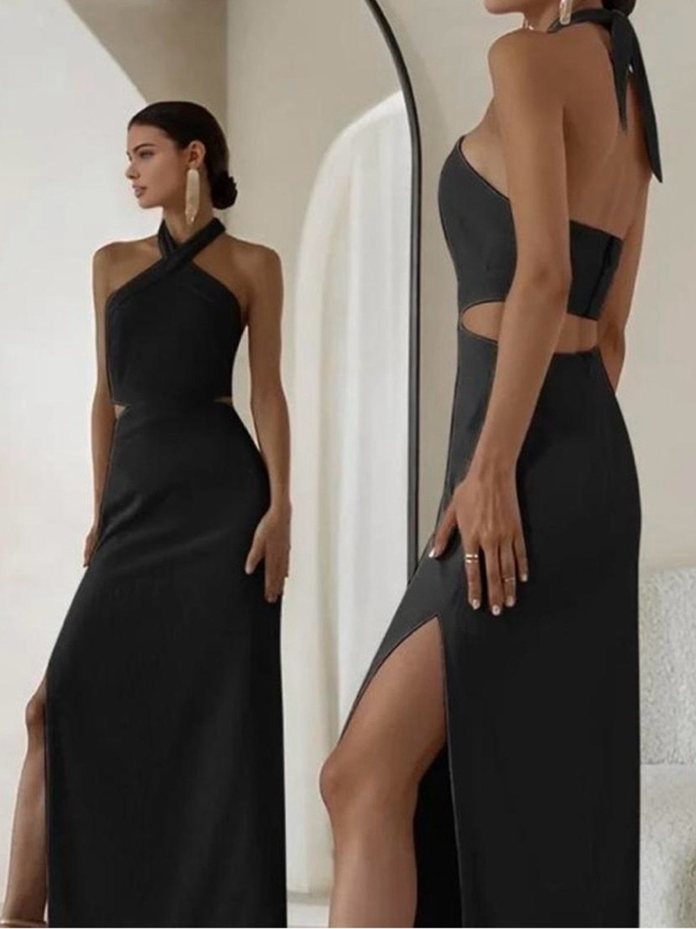 Crisscross Cutout Halter Split Knit Long Dress